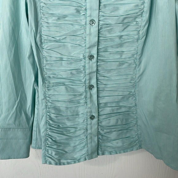 Lafayette 148 New York NWOT Striped Blue/White Ruffled Button Down Size 10 - Picture 6 of 8